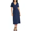 Maggy London Short Sleeve Tie Waist A-line Midi Dress In Blue