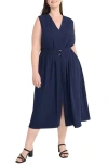 Maggy London Sleeveless Belted Midi Dress In Navy Blazer