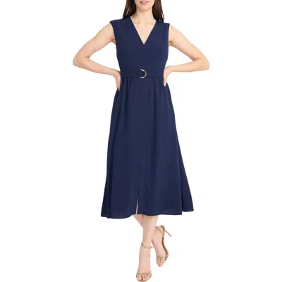 Maggy London Sleeveless Belted Midi Dress In Navy Blazer