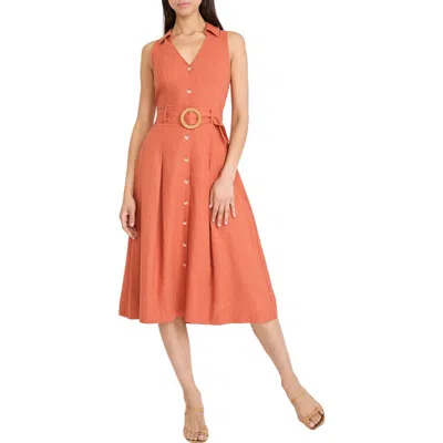 Maggy London Sleeveless Linen Blend Midi Shirtdress In Orange