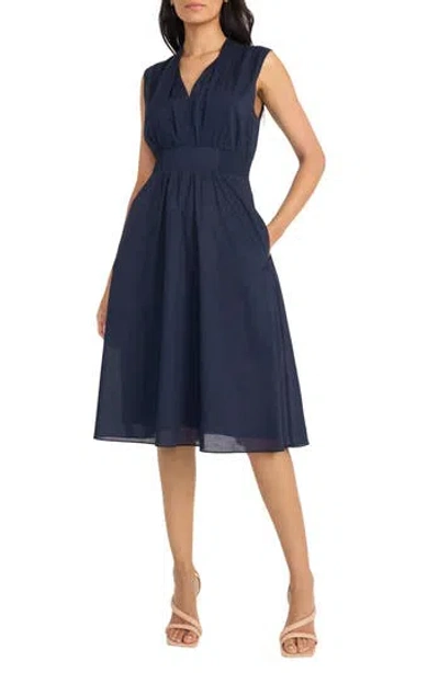 Maggy London Sleeveless Shirred Midi Dress In Navy Blazer