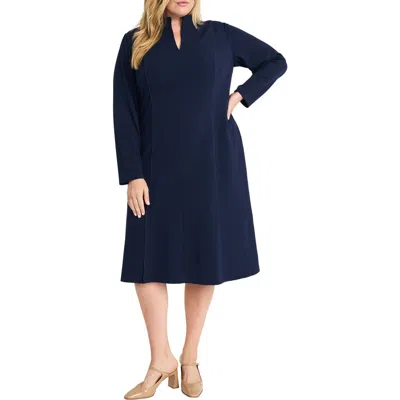 Maggy London Split Neck Long Sleeve Midi Dress In Navy Blazer