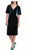 MAGGY LONDON STRETCH VELVET WRAP MIDI DRESS IN HUNTER GREEN