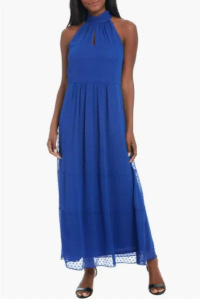 Maggy London Swiss Dot Keyhole Halter Dress In Blue