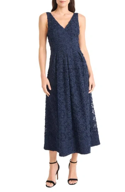Maggy London Textured Floral Cocktail Midi Dress In Blue
