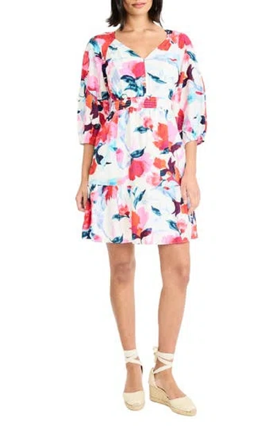 Maggy London Three Quarter Sleeve Printed Minidress In White