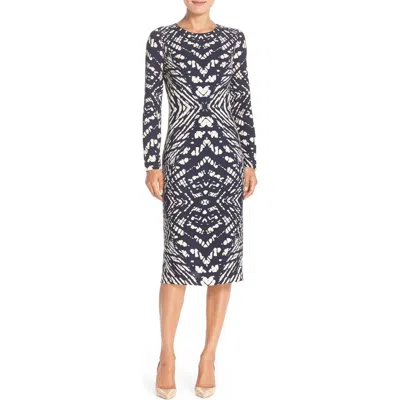Maggy London Tie Dye Print Crepe Midi Sheath Dress In Navy/cream