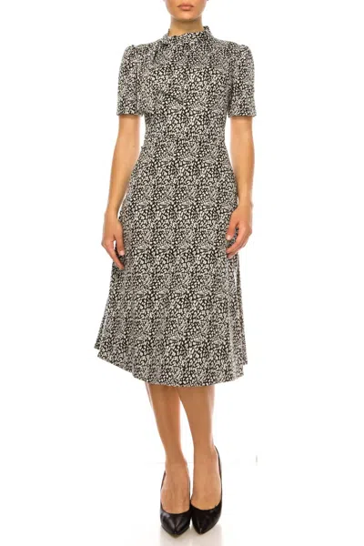 Maggy London Tie Neck Fit And Flare Dress In Black White In Multi