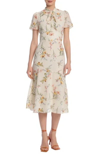 Maggy London Tie Neck Print Midi Dress In Gray