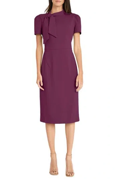 Maggy London Tie Neck Puff Sleeve Scuba Crepe Dress In Italian Plum