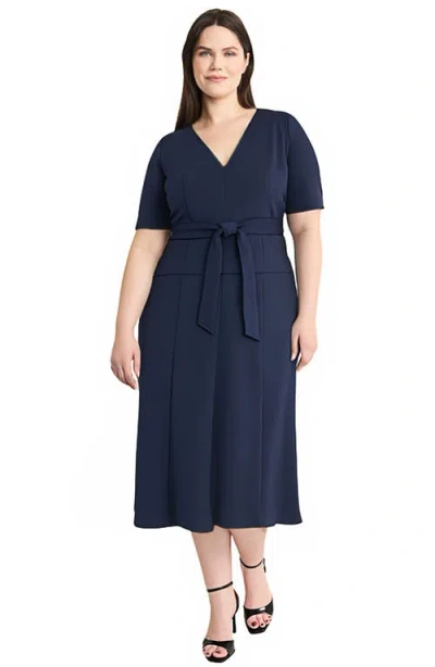 Maggy London Tie Waist Midi Dress In Blue