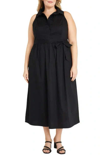 Maggy London Tie Waist Sleeveless Stretch Poplin Shirtdress In Black