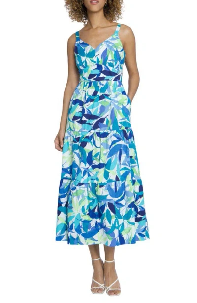 Maggy London Tiered Maxi Dress In Soft White/ Peacock Blue