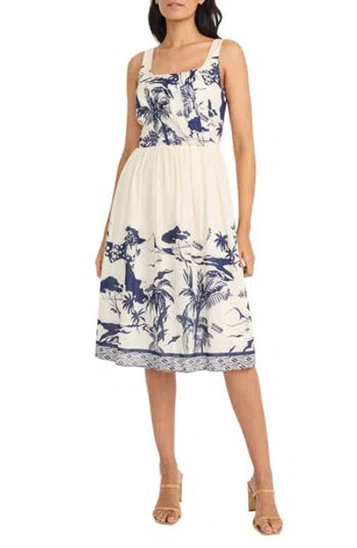 Maggy London Tropical Fit & Flare Midi Dress In Ivory/navy