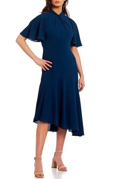 Maggy London Twist Mock Neck Flutter Sleeve Midi Dress In Dark Denim In Blue