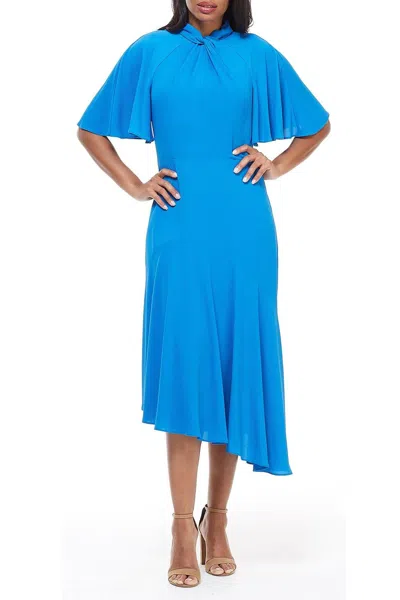 Maggy London Twist Mock Neck Flutter Sleeve Midi Dress In Sea Blue