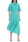 Maggy London Twist Mock Neck Flutter Sleeve Midi Dress In Seafoam In Blue
