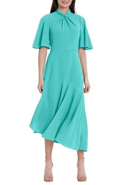 Maggy London Twist Mock Neck Flutter Sleeve Midi Dress In Seafoam In Blue