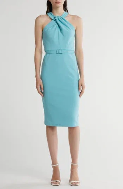 Maggy London Twist Neck Midi Sheath Dress In Milky Blue