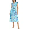 Maggy London Cap Sleeve Vneck Blue Print Midi In Breeze Blue In Soft White/breeze Blue