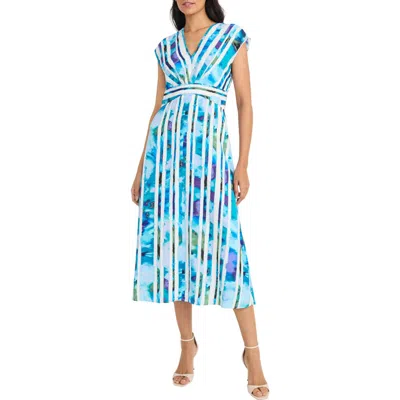 Maggy London V-neck Cap Sleeve Midi Dress In Soft White/breeze Blue