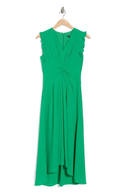 Maggy London V-neck Ruffled A-line Midi Dress In Green