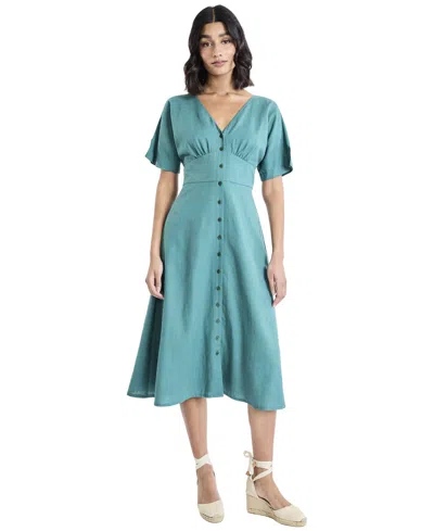 Maggy London Flutter Sleeve Flare Linen Blend Midi Dress In Blue