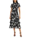 Maggy London Floral Short Sleeve Tiered Midi Dress In Black,whit