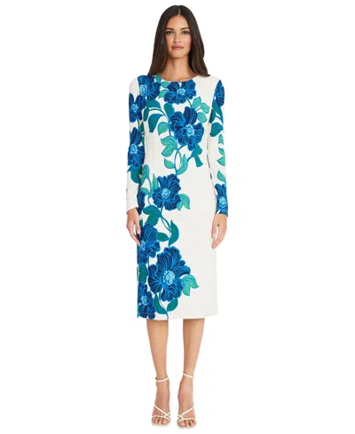 Maggy London Women's Floral Long-sleeve Midi Dress In Soft White,cobalt