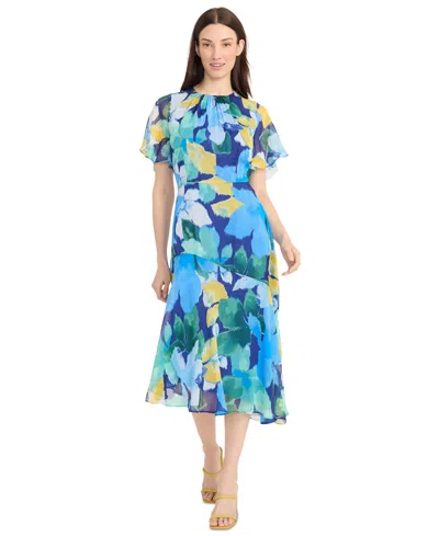 Maggy London Women's Flutter-sleeve Floral-print Asymmetrical Dress In Blue