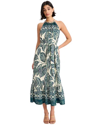 Maggy London Print Tie Back Sleeveless Midi Dress In Green