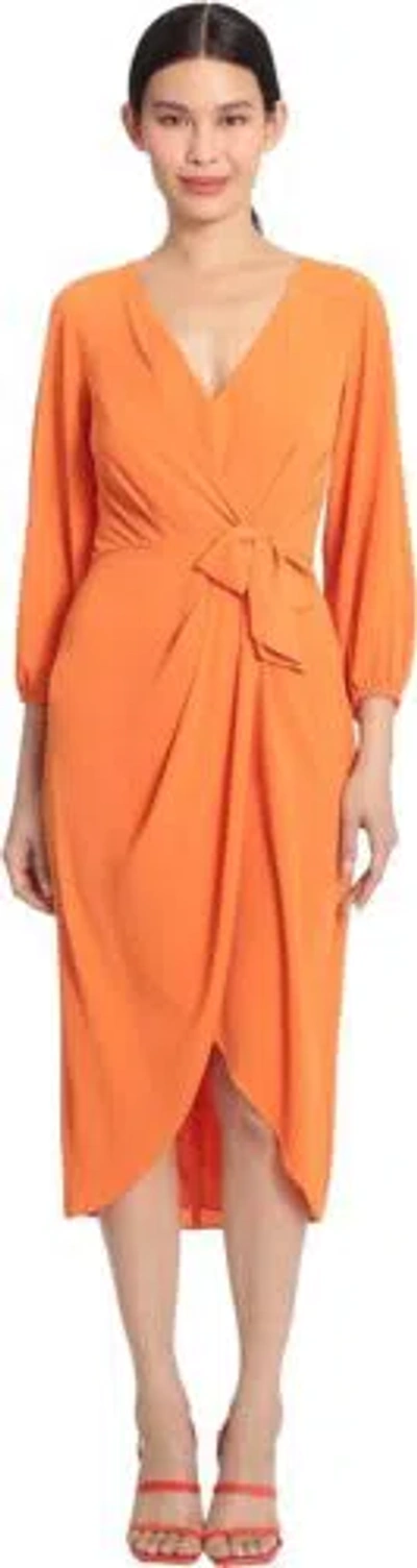 Pre-owned Maggy London Women's Long Sleeve V-neck Faux Wrap Crepe Dress Event Party... In Celosia Orange