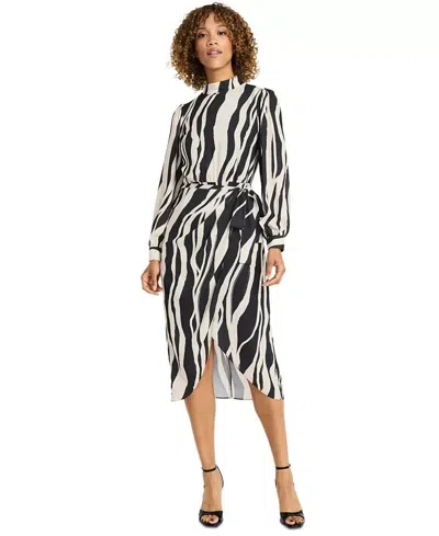 Maggy London Women's  Midi Dress Black Animal Print Turtleneck Tie Waist Fts1453 In Multi