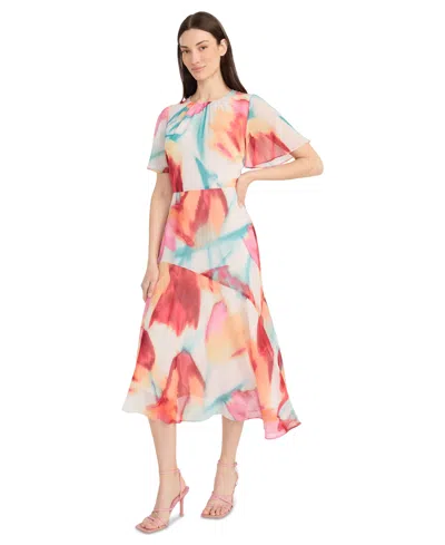 Maggy London Women's Printed Asymmetric Hem Midi Dress In Cream,coral
