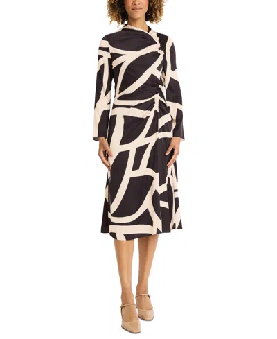 Maggy London Women's Printed Asymmetric Ruched Dress In Black,tan