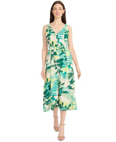 Maggy London Women's Printed Belted Midi Dress In Fair Green,garden Green