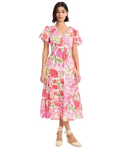 Maggy London Women's Puff-sleeve V-neck Midi Dress In Pink