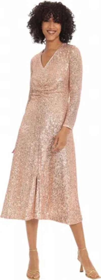 Pre-owned Maggy London Women's Sequin V-neck Midi Dress With Shirring At Bodice In Rose Gold