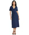 Maggy London Short Sleeve Tie Waist A-line Midi Dress In Blue