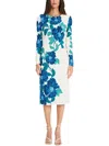 Maggy London Floral Long Sleeve Knit Midi Dress In Soft White/cobalt