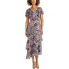 Maggy London Metallic Floral Tiered Ruffle Asymmetric Dress In Multi