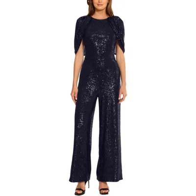 Maggy London Womens Sequin Cape Sleeve Jumpsuit In Blue
