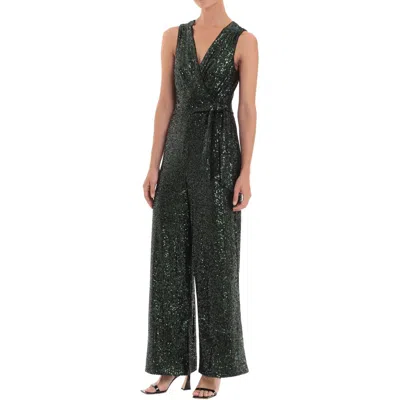 Maggy London Womens Sequined Wrap Jumpsuit In Green