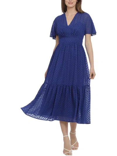 Maggy London Womens Tiered Polyester Midi Dress In Blue