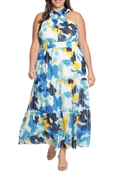 Maggy London Wrap Bodice Maxi Dress In Soft White/ Royal Blue