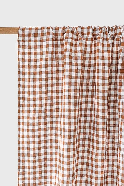 Magiclinen Rod Pocket Linen Curtain Panel In Cinnamon Gingham At Urban Outfitters