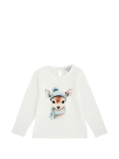 Magil Kids' Fawn-print Long-sleeve T-shirt In White