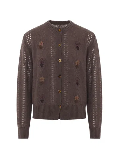 Magliano Floral-appliqué Open-knit Cardigan In Brown