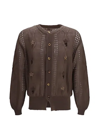 Magliano Flower-embroidered Open-knit Cardigan In Brown