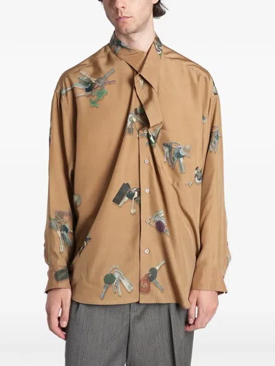 Magliano Key-print Draped Shirt In Brown